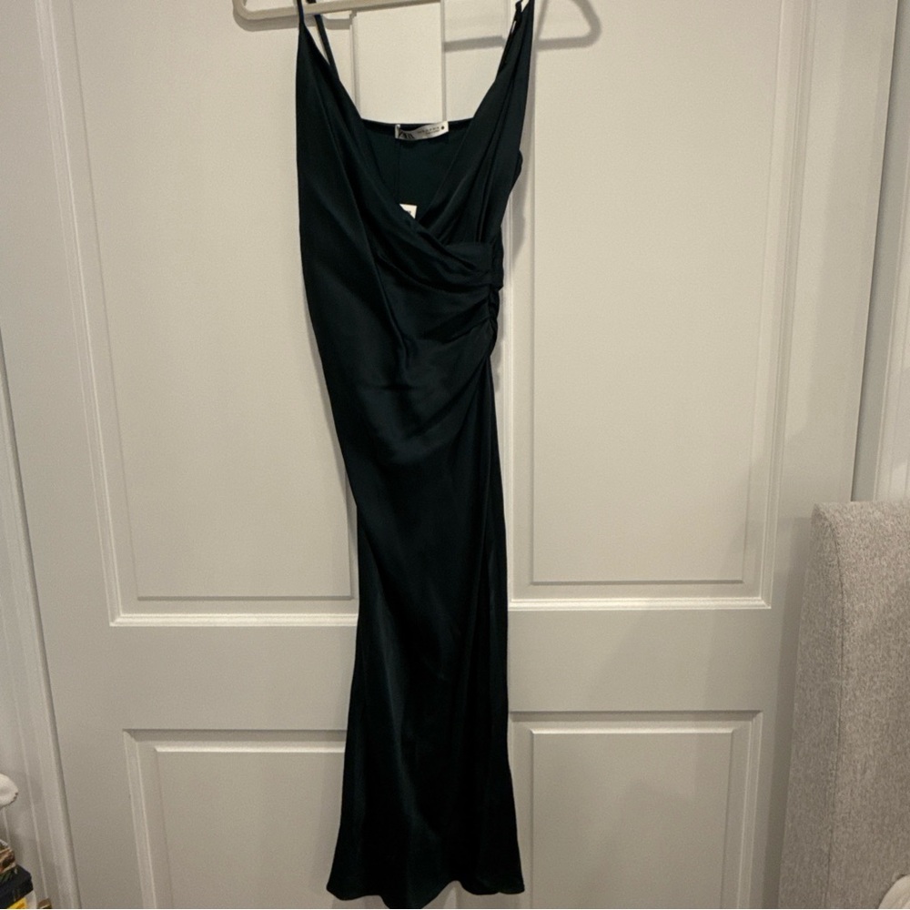 Zara Emerald green satin dress sleeveless,V-neckline, midi length & a side slit
